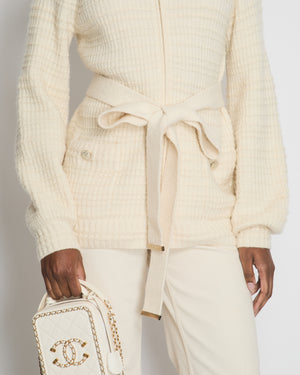 Chanel Cream Knitted Long Line Belted Cardigan with Zip Detail Size FR 38 (UK 10)