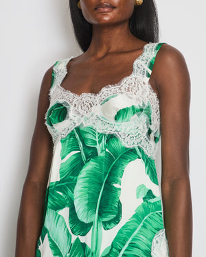 Dolce 
Gabbana Green Leaf Print Mini Dress with Lace Trim Detail Size IT 40 (UK 8)