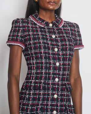 Chanel 20S Navy 
Red Tweed Short Sleeve Mini Dress With Silver Button Detail Size FR 34 (UK 6)