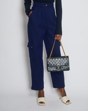 Chanel Blue and Navy Wool Knit Trousers with Side Pockets and Gold Embroidered CC Logo Detail Size FR 36 (UK 8)