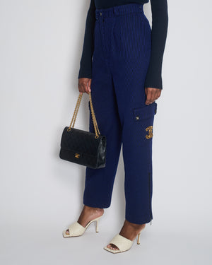 Chanel Blue and Navy Wool Knit Trousers with Side Pockets and Gold Embroidered CC Logo Detail Size FR 36 (UK 8)