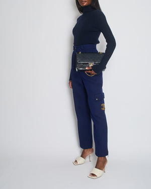 Chanel Blue and Navy Wool Knit Trousers with Side Pockets and Gold Embroidered CC Logo Detail Size FR 36 (UK 8)