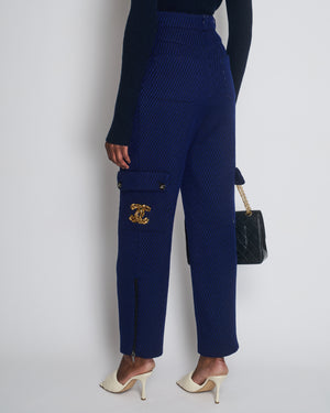 Chanel Blue and Navy Wool Knit Trousers with Side Pockets and Gold Embroidered CC Logo Detail Size FR 36 (UK 8)