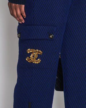 Chanel Blue and Navy Wool Knit Trousers with Side Pockets and Gold Embroidered CC Logo Detail Size FR 36 (UK 8)