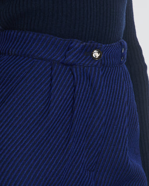 Chanel Blue and Navy Wool Knit Trousers with Side Pockets and Gold Embroidered CC Logo Detail Size FR 36 (UK 8)