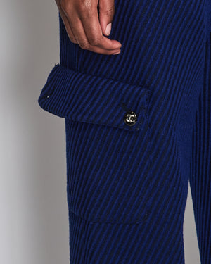 Chanel Blue and Navy Wool Knit Trousers with Side Pockets and Gold Embroidered CC Logo Detail Size FR 36 (UK 8)