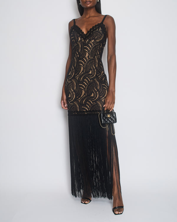 Elie Saab Black Strap Lace Maxi Dress with Fridge Trim Detail Size FR 40 (UK 12)