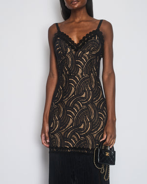 Elie Saab Black Strap Lace Maxi Dress with Fridge Trim Detail Size FR 40 (UK 12)