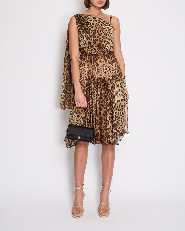 Dolce 
Gabbana Brown Silk Leopard Asymmetric Tiered Midi Dress Size IT 44 (UK 12)