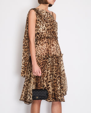 Dolce 
Gabbana Brown Silk Leopard Asymmetric Tiered Midi Dress Size IT 44 (UK 12)