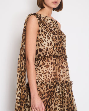 Dolce 
Gabbana Brown Silk Leopard Asymmetric Tiered Midi Dress Size IT 44 (UK 12)