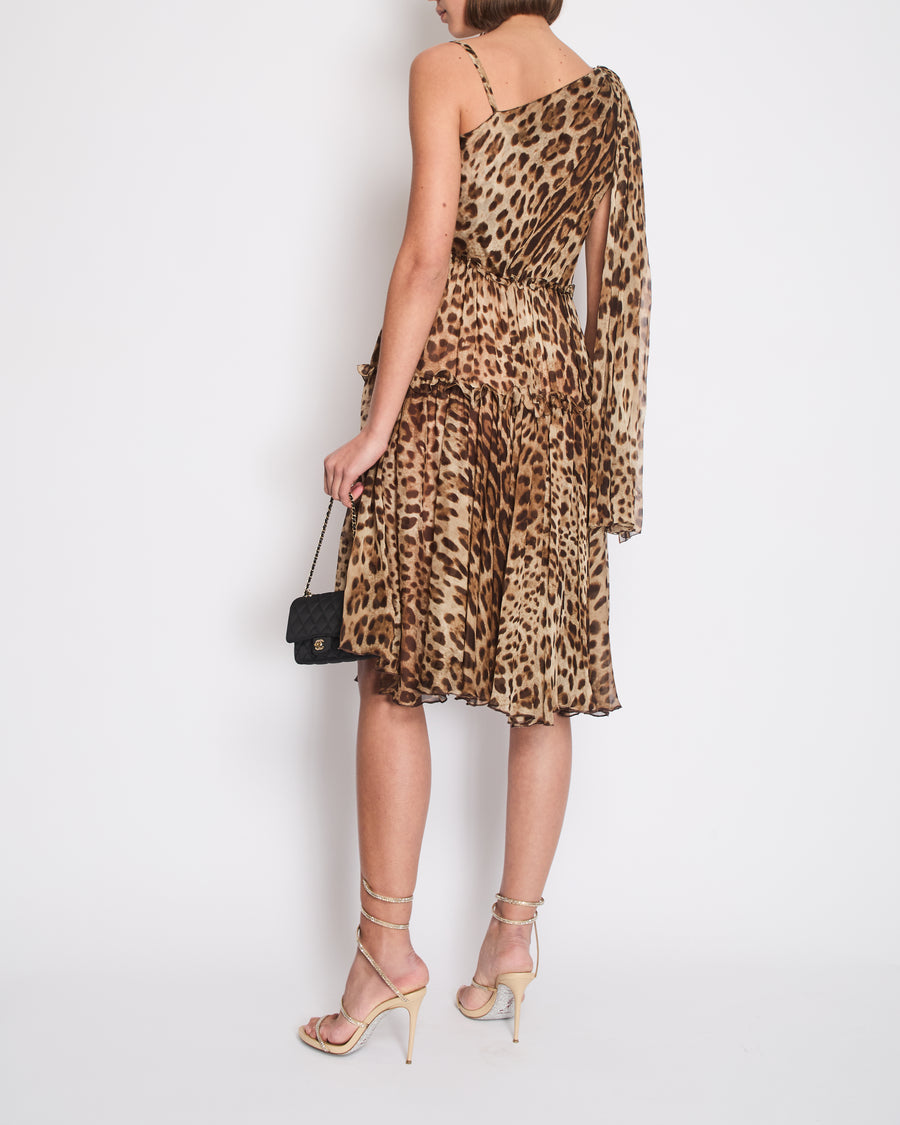 Dolce 
Gabbana Brown Silk Leopard Asymmetric Tiered Midi Dress Size IT 44 (UK 12)