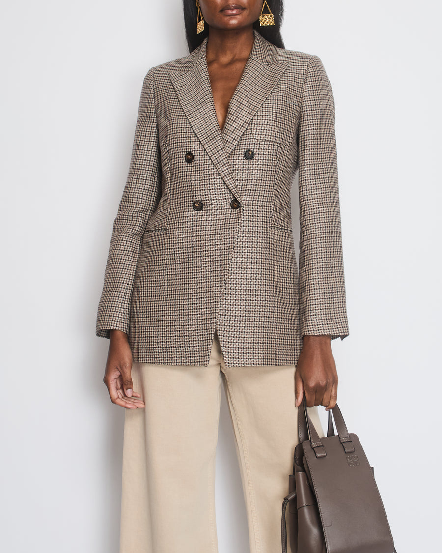 Brunello Cucinelli Brown Houndstooth Double Breasted Blazer Jacket Size IT 42 (UK 10)