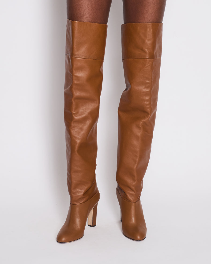 Paris Texas Light Brown Smooth Leather Over The Knee High Boots Size EU 40