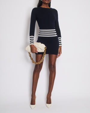 Chanel Navy and White Striped Long-Sleeve Cashmere Mini Dress with CC Logo Button Detail Size FR 34 (UK 6)