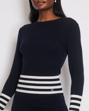 Chanel Navy and White Striped Long-Sleeve Cashmere Mini Dress with CC Logo Button Detail Size FR 34 (UK 6)