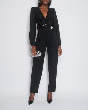 Alessandra Rich Black Long-Sleeve Jumpsuit With Shoulder Pads And Lace 
Sequin Floral Details Size FR 38 (UK 10)