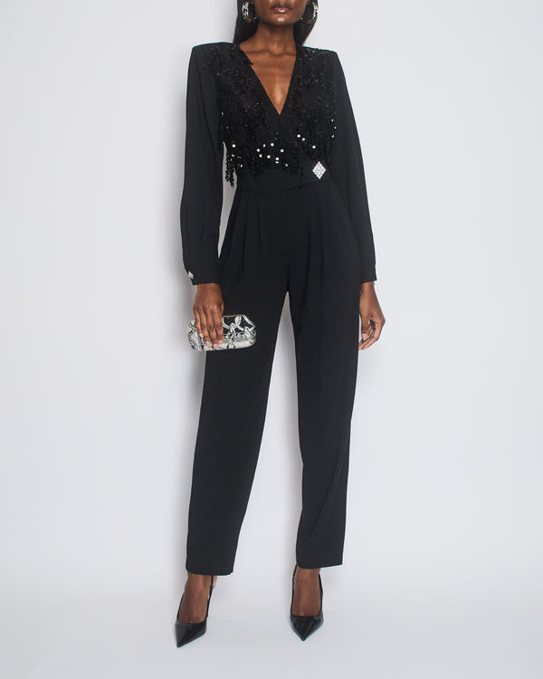 Alessandra Rich Black Long-Sleeve Jumpsuit With Shoulder Pads And Lace 
Sequin Floral Details Size FR 38 (UK 10)