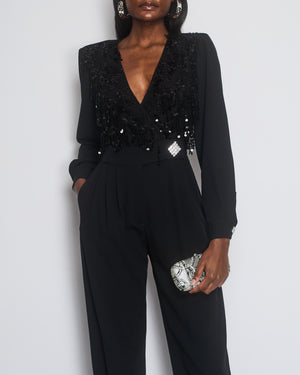 Alessandra Rich Black Long-Sleeve Jumpsuit With Shoulder Pads And Lace 
Sequin Floral Details Size FR 38 (UK 10)