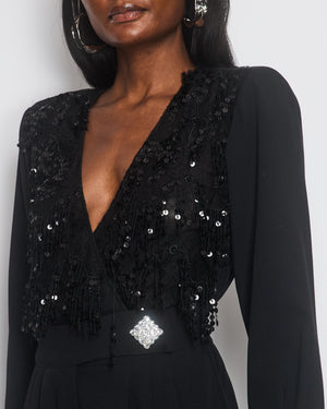 Alessandra Rich Black Long-Sleeve Jumpsuit With Shoulder Pads And Lace 
Sequin Floral Details Size FR 38 (UK 10)