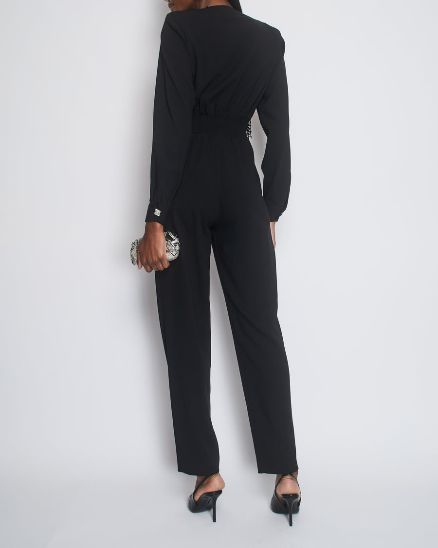 Alessandra Rich Black Long-Sleeve Jumpsuit With Shoulder Pads And Lace 
Sequin Floral Details Size FR 38 (UK 10)