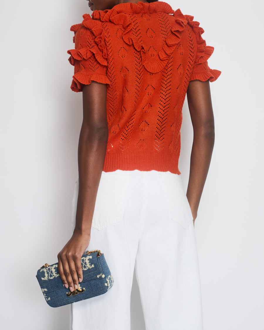 Gucci Burnt Orange Round-Neck Short Sleeve Knit Top With Ruffle Detail Size Medium (UK 10)