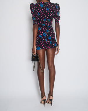 Alessandra Rich Black, Blue and Pink Polka Dot and Rose Printed Silk Mini Dress Size IT 36 (UK 4)