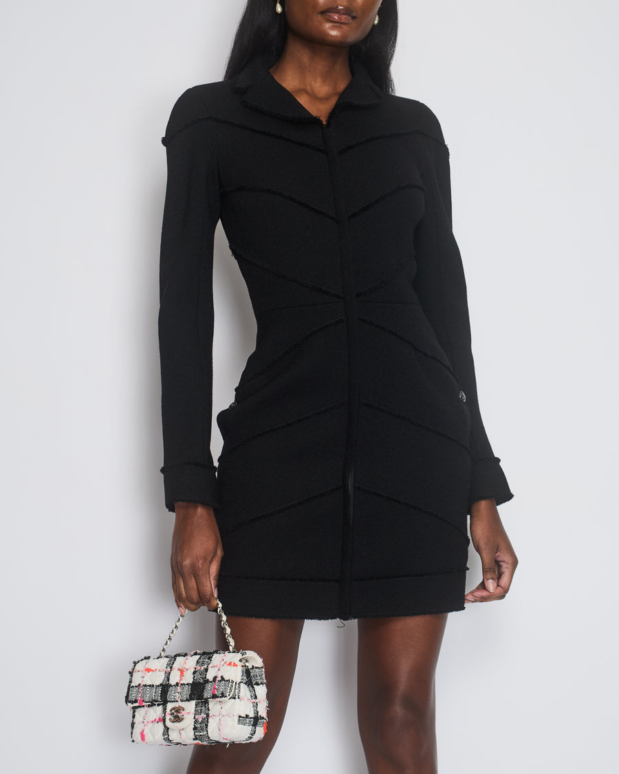 Chanel Black Long Sleeve Mini Dress With Frayed Details 
Crystal Buttons Size FR 36 (UK 8)