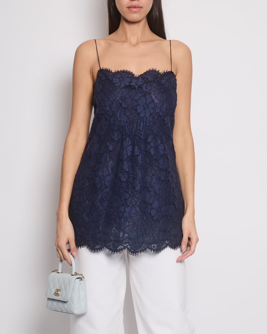 Chanel Blue Floral Lace Caraco Top with Back Blue CC Logo Buttons Detailing Size FR 40 (UK 12)