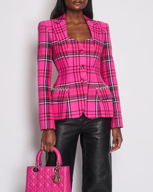 Area Hot Pink 
Black Checked Blazer with Cut-Out Detail 
Crystals Embellishments Size US 6 (UK 10)