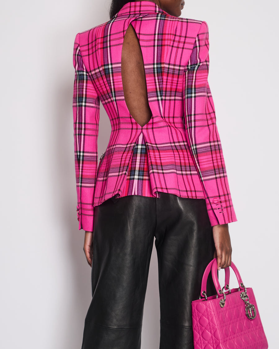 Area Hot Pink 
Black Checked Blazer with Cut-Out Detail 
Crystals Embellishments Size US 6 (UK 10)