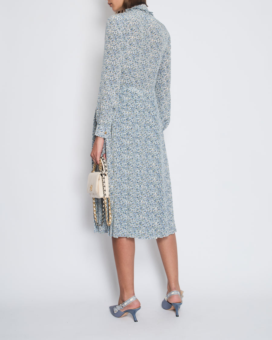 Céline Blue Floral Silk Midi Dress with Gold Logo Buttons Detailing Size FR 34 (UK 6)