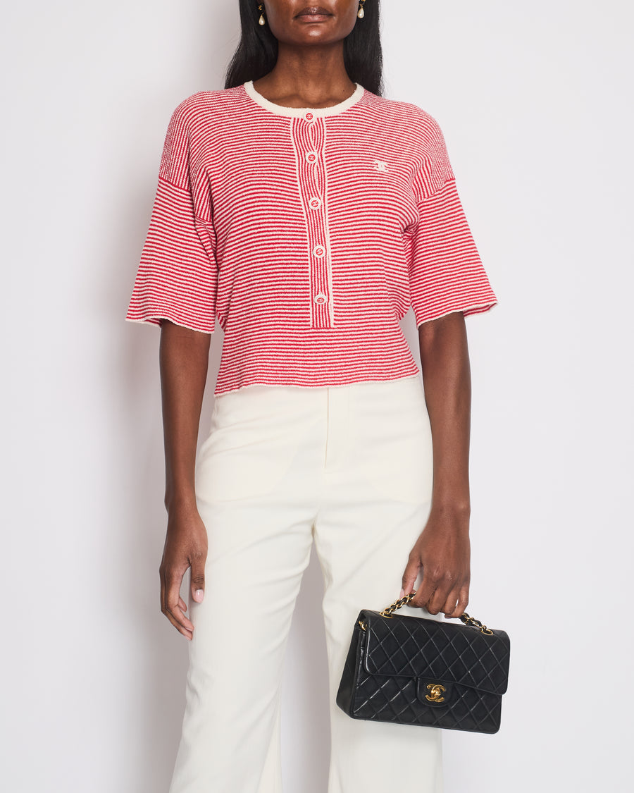 Chanel Red Striped Quarter Sleeve Round Neck Button Down Top with CC Logo Detail Size FR 34 (UK 6)