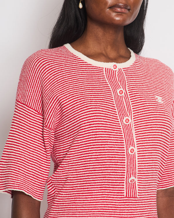 Chanel Red Striped Quarter Sleeve Round Neck Button Down Top with CC Logo Detail Size FR 34 (UK 6)