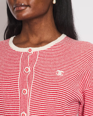 Chanel Red Striped Quarter Sleeve Round Neck Button Down Top with CC Logo Detail Size FR 34 (UK 6)