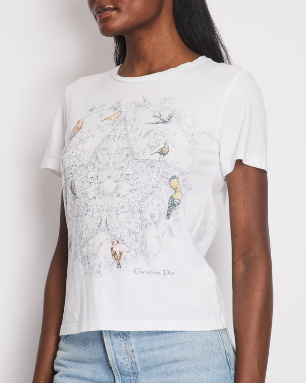 Christian Dior White Star Bird Print T-Shirt Size S (UK 8)