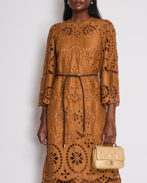 Zimmermann Brown Flared Sleeve Crochet Midi Dress with Leather Belt Detail Size 0 (UK 8)