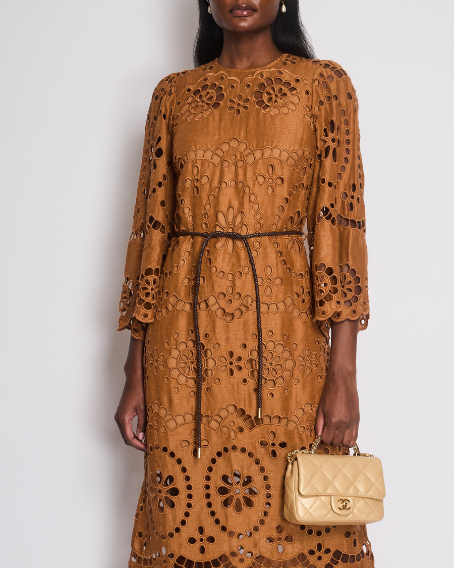 Zimmermann Brown Flared Sleeve Crochet Midi Dress with Leather Belt Detail Size 0 (UK 8)