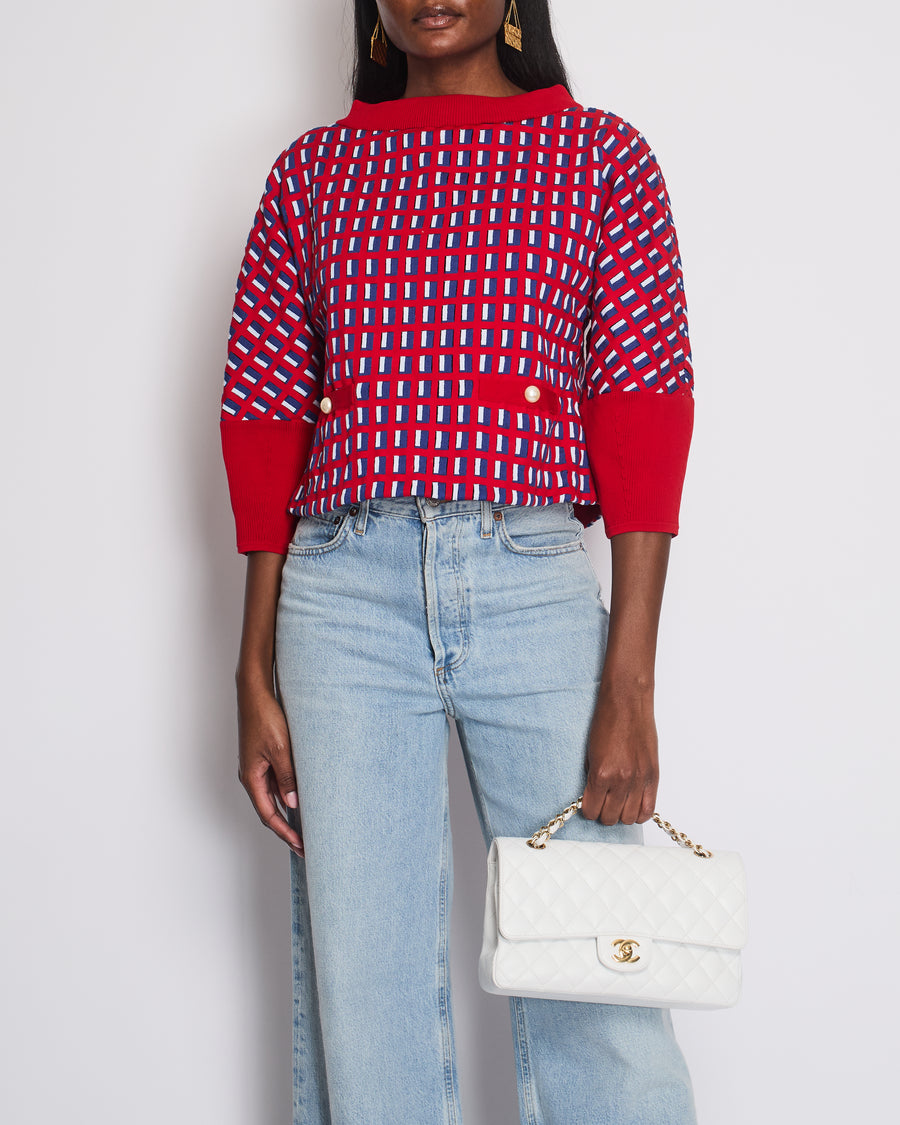 Chanel SS13 Red Knit Jumper with Pearl Pockets 
Blue and White Window Detail Size FR 36 (UK 8)