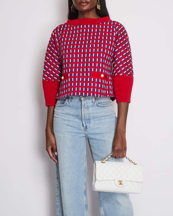 Chanel SS13 Red Knit Jumper with Pearl Pockets 
Blue and White Window Detail Size FR 36 (UK 8)