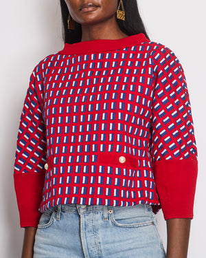 Chanel SS13 Red Knit Jumper with Pearl Pockets 
Blue and White Window Detail Size FR 36 (UK 8)