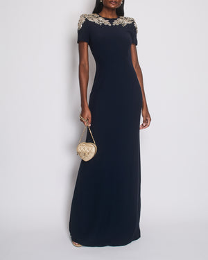 Alexander McQueen Navy Short Sleeve Maxi Gown with Embellished Neckline Detail Size IT 42 (UK 10)