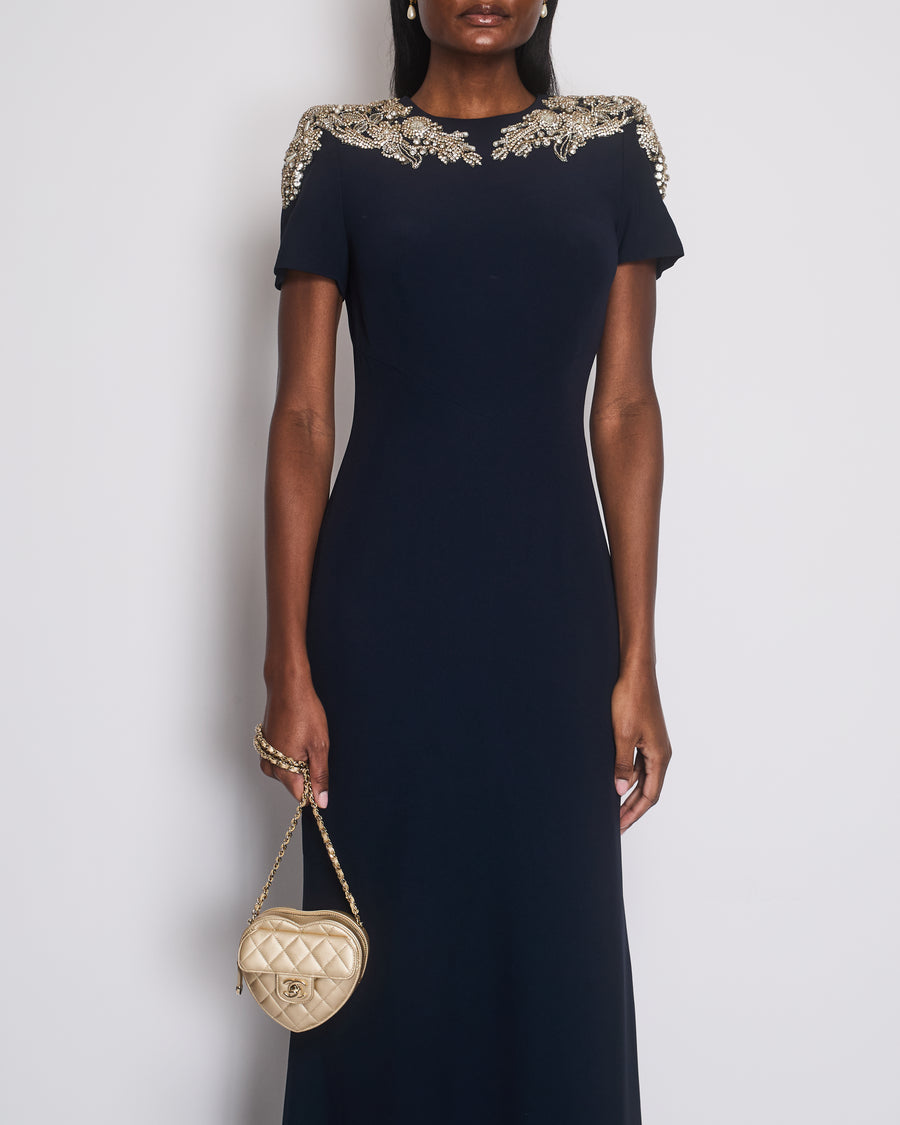 Alexander McQueen Navy Short Sleeve Maxi Gown with Embellished Neckline Detail Size IT 42 (UK 10)