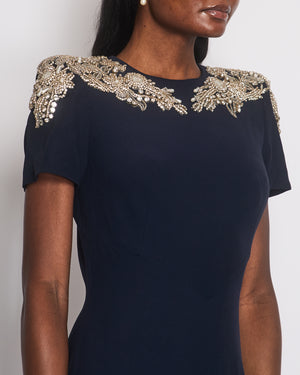 Alexander McQueen Navy Short Sleeve Maxi Gown with Embellished Neckline Detail Size IT 42 (UK 10)