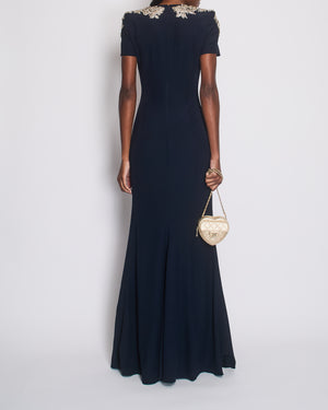 Alexander McQueen Navy Short Sleeve Maxi Gown with Embellished Neckline Detail Size IT 42 (UK 10)