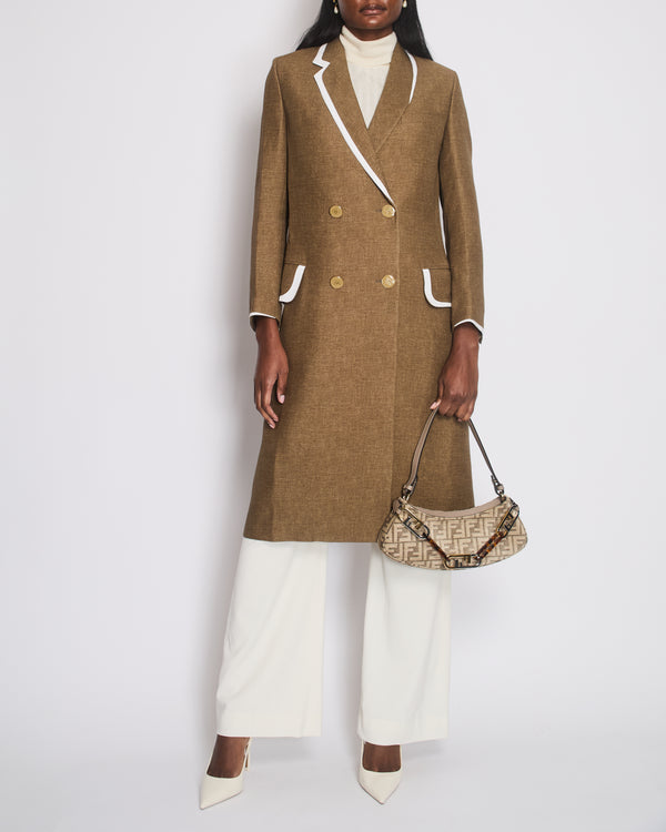 Fendi Khaki Double Breasted Coat with White Trim and Gold Button Detail Size IT 38 (UK 6)