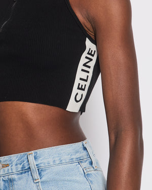 Celine Black Cropped Ribbed Tank Top with Logo and Zip Detail Size S (UK 8)