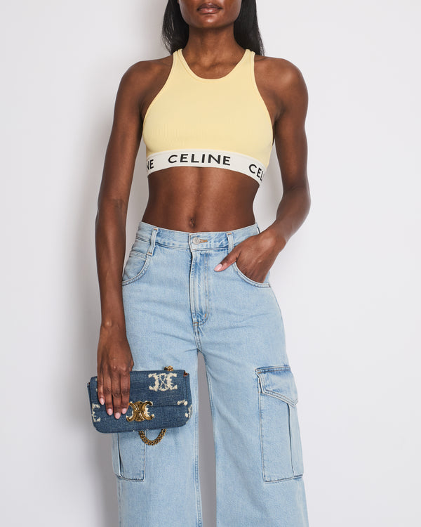 Celine Yellow Ribbed Cropped Vest Top with Logo Detail Size S (UK 8)