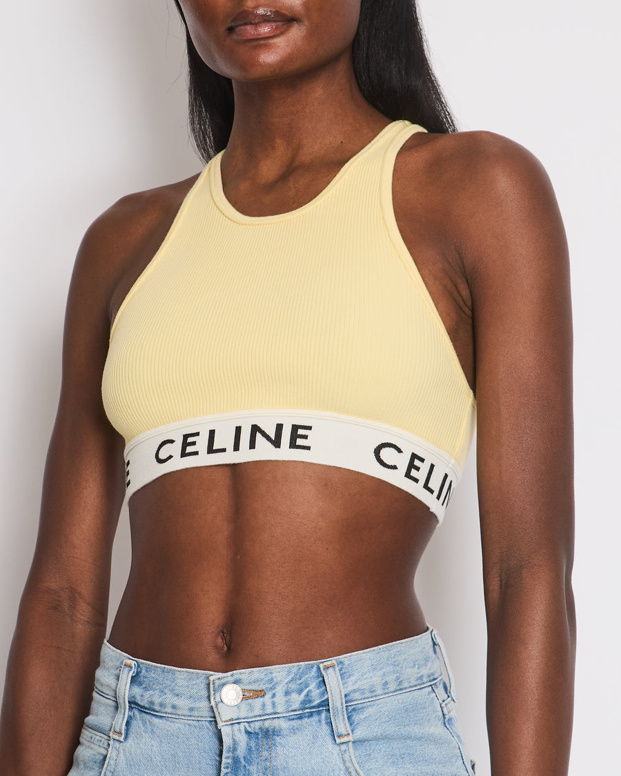 Celine Yellow Ribbed Cropped Vest Top with Logo Detail Size S (UK 8)