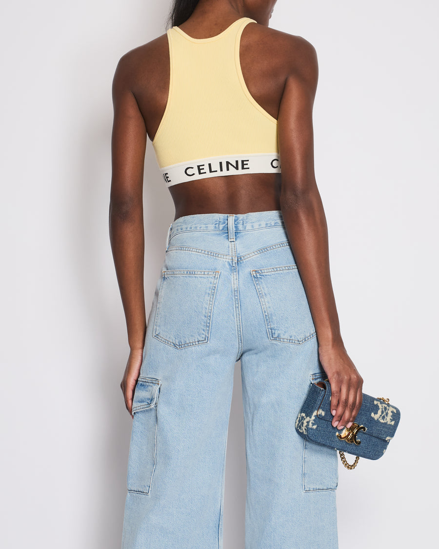 Celine Yellow Ribbed Cropped Vest Top with Logo Detail Size S (UK 8)